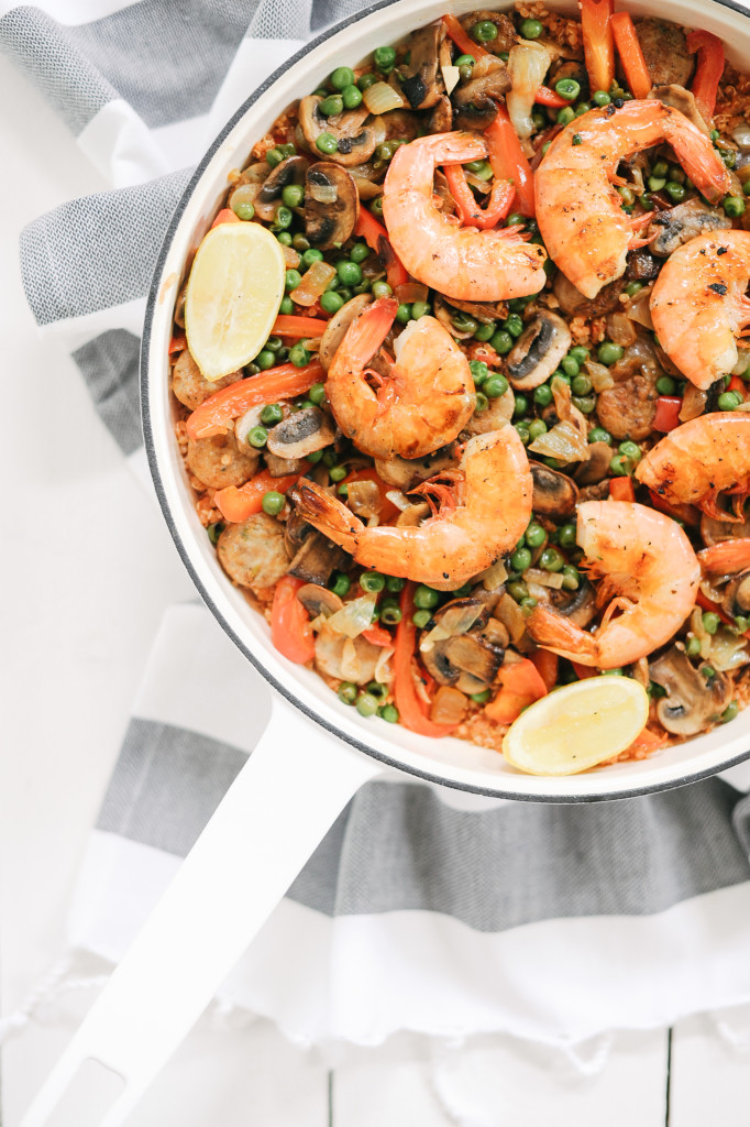 Organic Sausage, Shrimp + Quinoa Paella via simplyrealhealth.com 