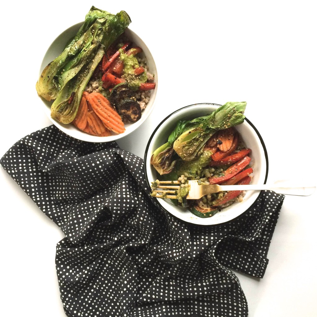 Post Vacation Grilled Veggie Bowls with Parsley Coconut Lime Sauce via Simply Real Health
