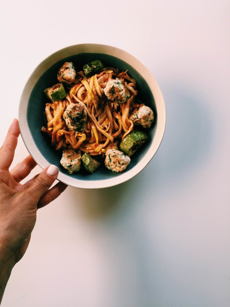 Yellow Squash Fettucine with Roasted Vegetables and Greek Chicken Meatballs via @simplyrealhealth