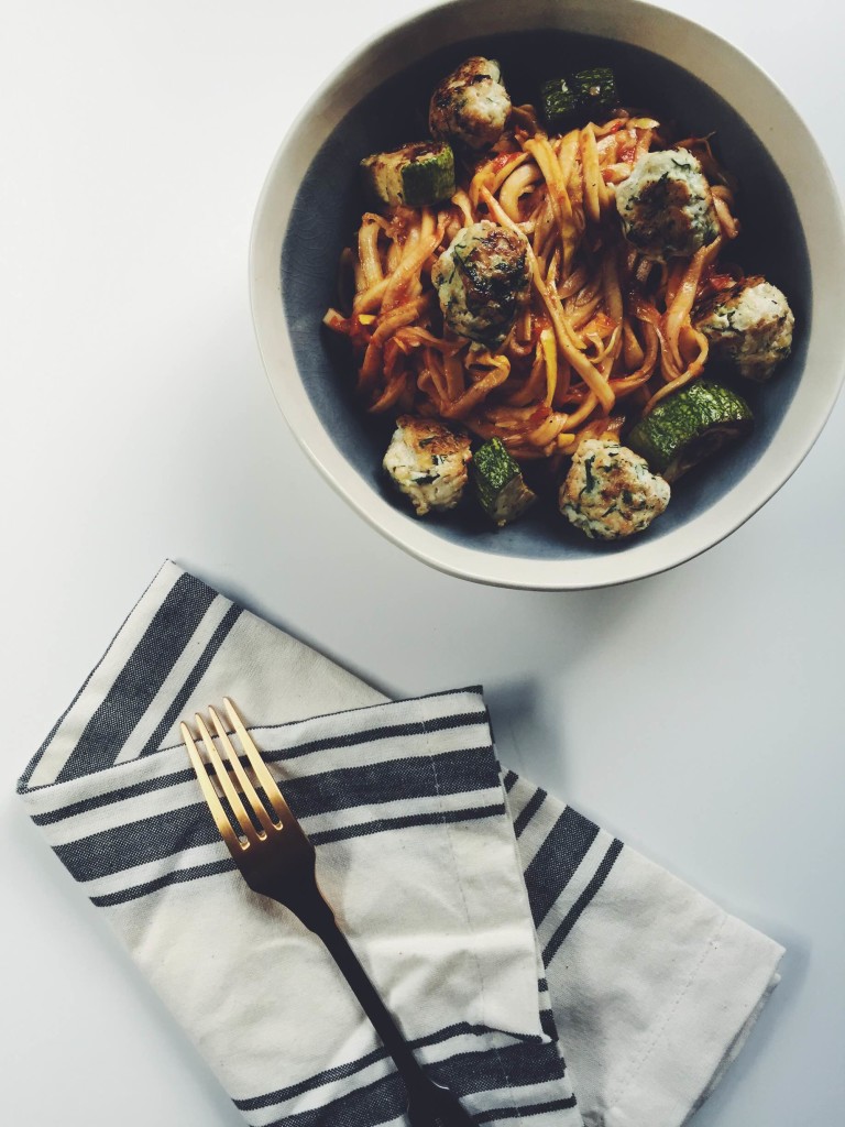 Yellow Squash Fettucine with Roasted Vegetables and Greek Chicken Meatballs via @simplyrealhealth