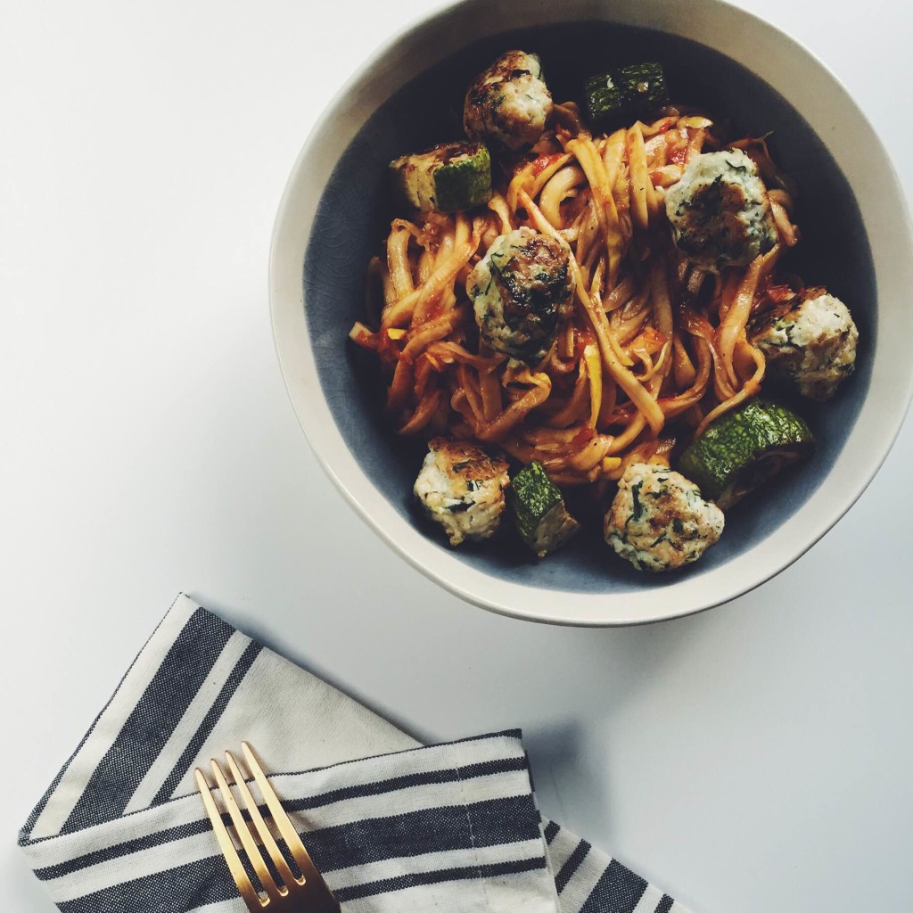 Yellow Squash Fettucine with Roasted Vegetables and Greek Chicken Meatballs via @simplyrealhealth