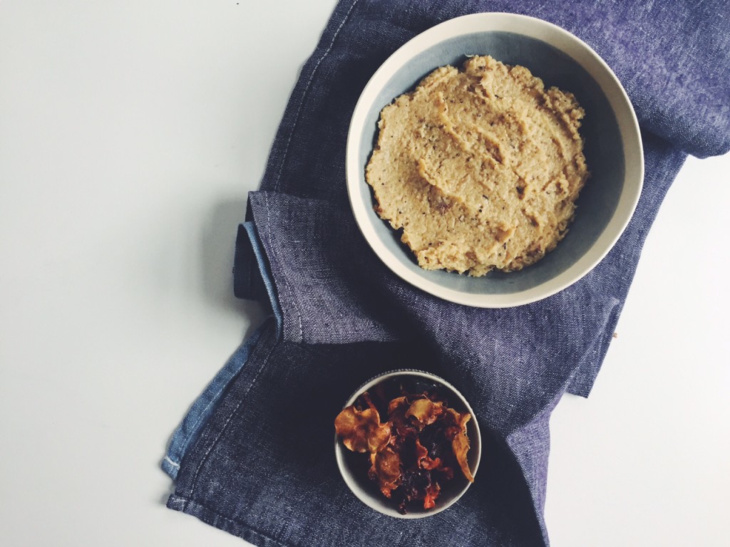 Roasted Cauliflower + Garlic Dip with homemade root veggie chips via @simplyrealhealth