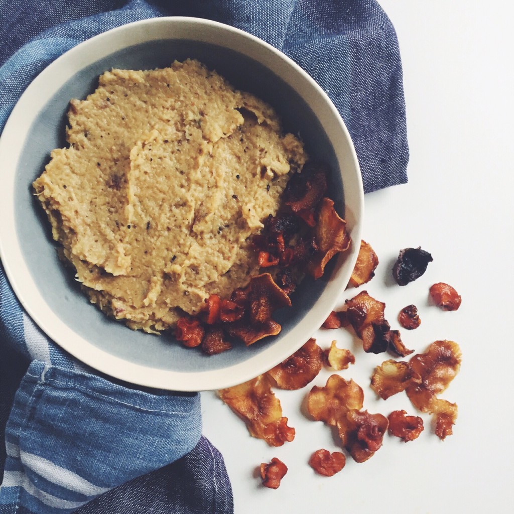 Roasted Cauliflower + Garlic Dip with homemade root veggie chips via @simplyrealhealth